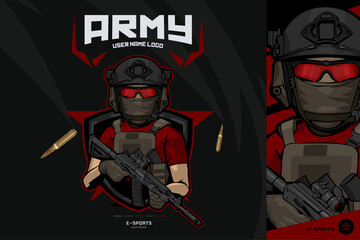 Army Soldier Mascot logo for esports and sport mercenary rifle red