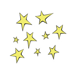 Set of stars icon in doodle flat style. Simple color design elements, clip arts on theme of night sky, space, astronomy, kids design.