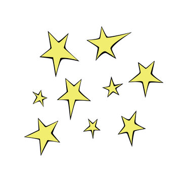 Set of stars icon in doodle flat style. Simple color design elements, clip arts on theme of night sky, space, astronomy, kids design.