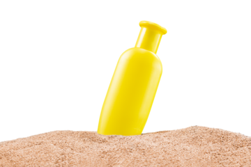 Mockup yellow bottle for cosmetics products sunblock, sunscreen, shampoo on sand beach isolated 
transparent background. Skincare concept. Vacation, travel concept. Design element. Copy space