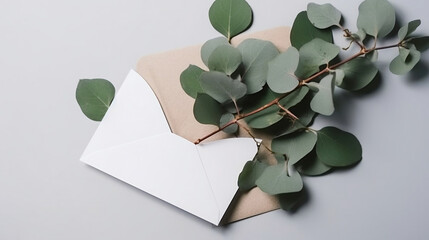 Blank white card and envelope with eucalyptus leaves. Blank invitation, Generative Ai