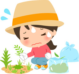 大量の草むしりに疲れている女性