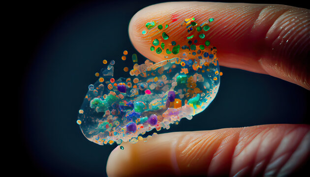 Small Plastic pellets on the finger. Micro plastic. Water pollution