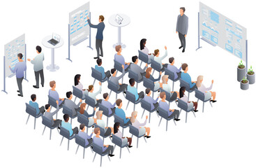 Business presentation, speech. Teamwork presentation conference coworking workplace brainstorming and discussion isolated. International public conference Indicators and coaching. Vector isometric, 3d