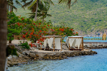 Beach holidays. Dam Bay on an island near Nha Trang in Vietnam. Tourist destination. 
