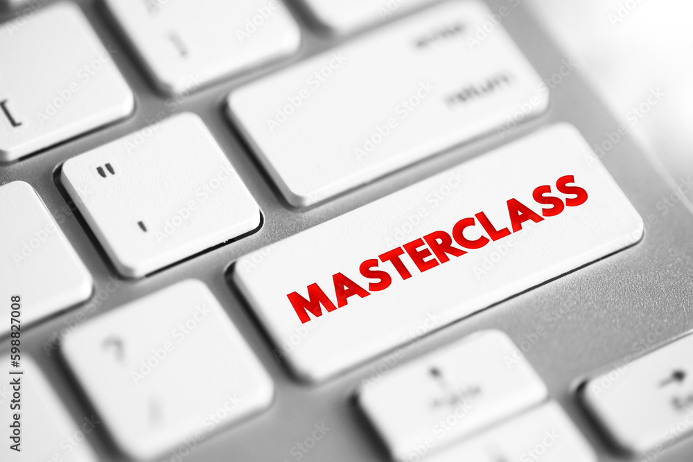 Poster masterclass text button on keyboard, concept background