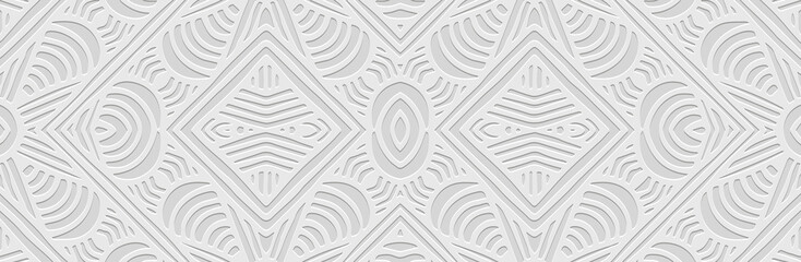 Fototapeta na wymiar Banner, actual cover design. Embossed 3D boho pattern, handmade, ornaments. Geometric white background. Tribal ethnic vector texture of East, Asia, India, Mexico, Aztec, Peru.