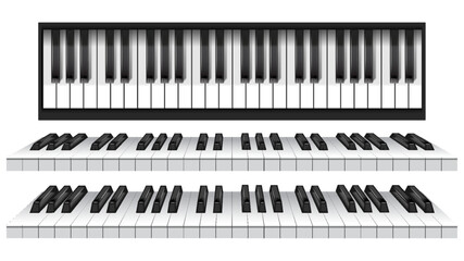 Piano keys. Musical instrument keyboard top above view. Black and white classic or electric piano keys. 3d vector illustration