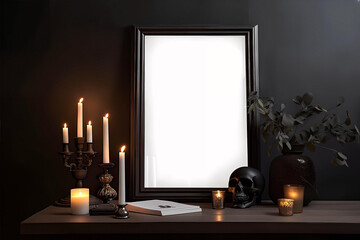 Dark gothic vertical frame mockup with book and skull