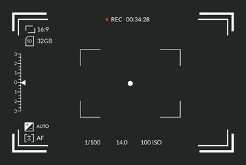 Viewfinder video recording. Camera focusing screen. Black screen camera with video shooting parameters, video quality indicators. Digital zoom recording for modern bloggers, vector illustration