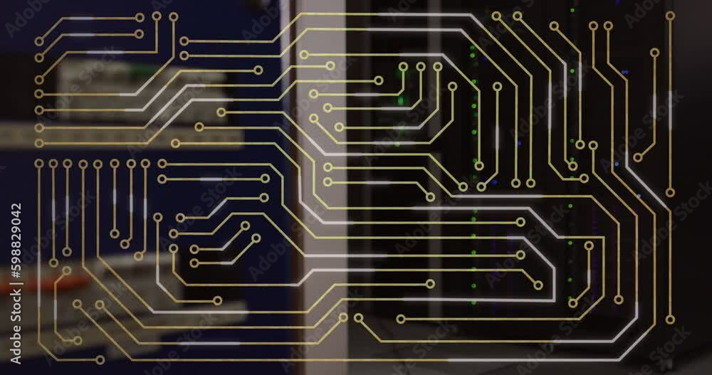 Poster animation of circuit board pattern over hardware and illuminated data server rack in server room