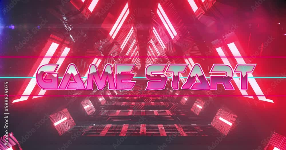 Poster animation of glitch effect over game start text banner against neon red tunnel in seamless pattern