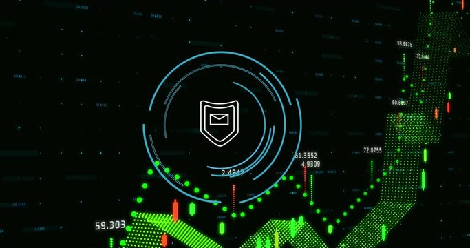 Animation of security shield and message icon and data processing against black background