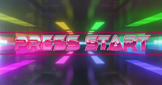 Animation Of Glitch Effect Over Press Start Text Banner Against Neon Tunnel In Seamless Pattern