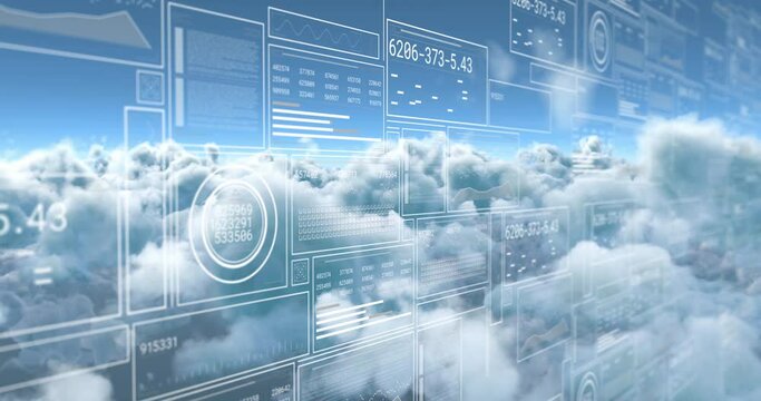 Animation of interface with data processing against clouds in the blue sky