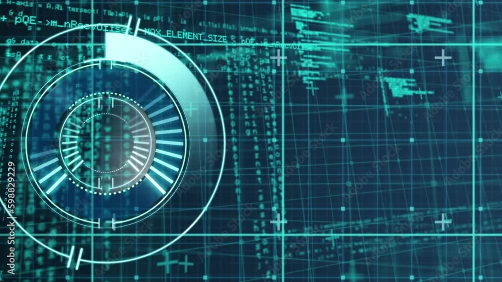 Poster animation of loading circles over grid pattern against computer language on abstract background