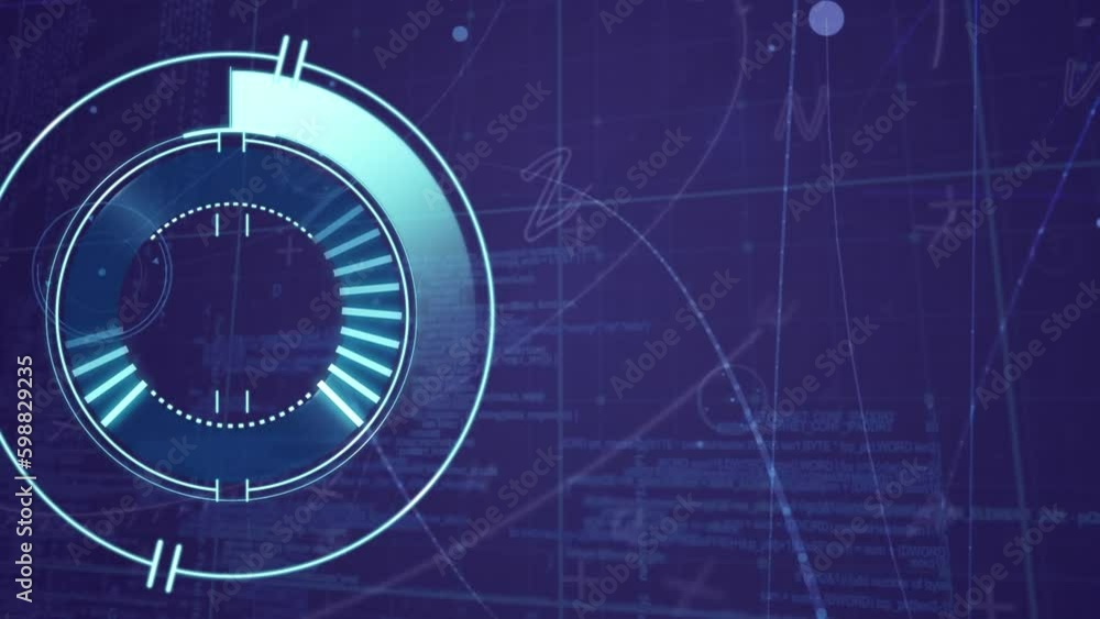 Poster animation of loading circles, letters, grid pattern against computer language on abstract background