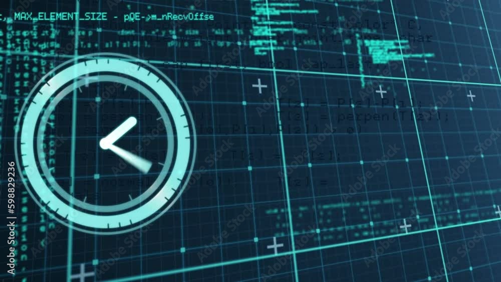 Poster animation of digital clock over grid pattern against computer language against abstract background