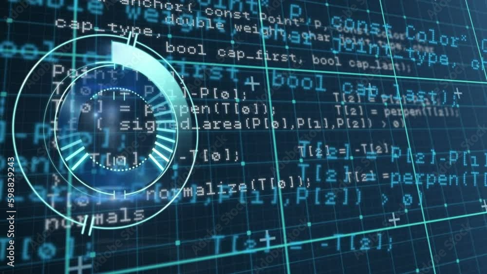 Poster animation of loading circles over grid pattern against computer language on abstract background