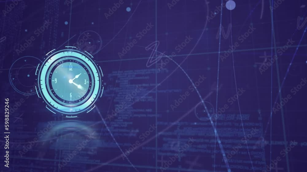 Poster animation of digital clock, letters, grid pattern against computer language on abstract background
