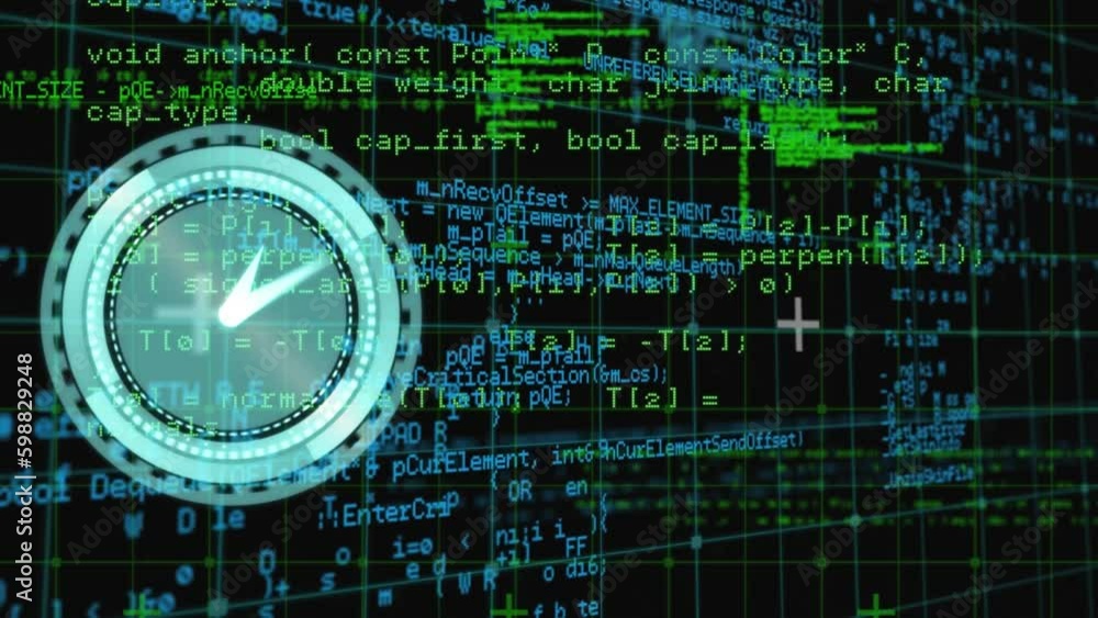 Poster animation of digital clock over grid pattern against computer language on black background