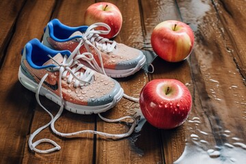 Fitness equipment. Healthy food. Sneakers, water,apple on wooden background