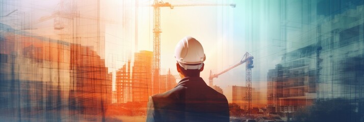 Building digital design, construction digital design component, construction planning, double exposure graphic design. Generative AI