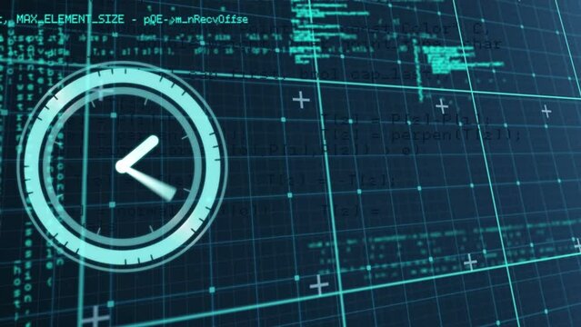 Animation of digital clock over grid pattern against computer language against abstract background - Powered by Adobe