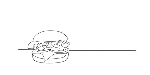 Continuous one line drawing of burger. Single line drawing of hamburger . Silhouette of fast food restaurant burger with cheese, cutlet and salad. Modern design street food logo, banner © Volha