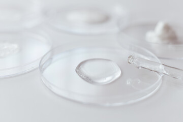 Pipette with Sample of Gels Cosmetic Product in Petri Dish on white background