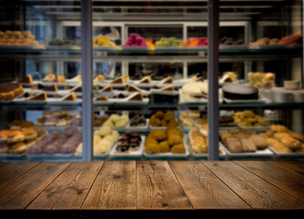 An empty wooden table against the background of a display case with sweets. Cafe, restaurant, coffee shop. Background. The backdrop. Evening. Night. Interior. Confectionery. Sweets. Copy space