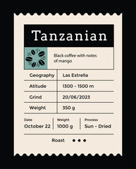 Coffee label mockup. Food package cover design. Caffeine roasted beans packaging. Vintage pack label emblem with minimalistic graphic grid layout. Vector brand tag