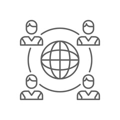 Global team Team work icon with black outline style. people, world, communication, teamwork, globe, internet, network. Vector illustration