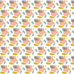 Seamless abstract pattern. Hand drawn various shapes and objects. Spots, drops, curves, Lines. Abstract contemporary modern trendy vector illustration. Stamp texture.