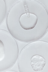 Pipette with Sample of Gels Cosmetic Product in Petri Dish on white background