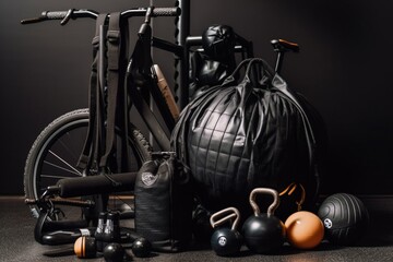 Fitness equipment on a dark background with copy space