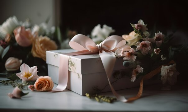 A photo of a beautifully wrapped gift box, adorned with a satin ribbon and surrounded by fresh spring flowers, inspired by elegant and romantic style. Ai generative