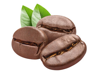 Fresh roasted coffee beans with leaves, cut out