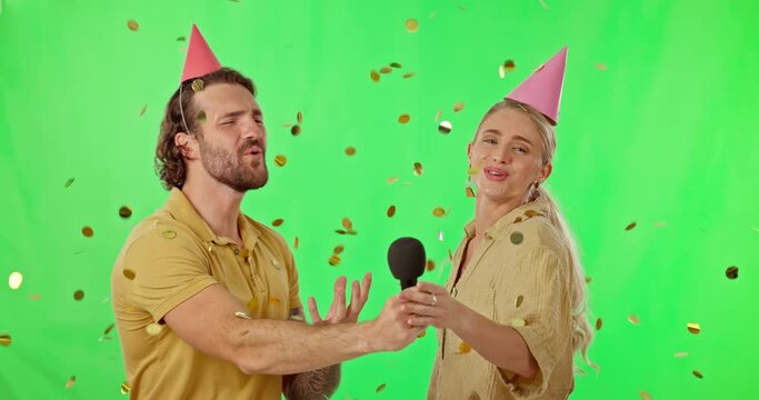 Green screen, party and couple on karaoke for a birthday celebration with confetti isolated in a studio background. Microphone, song and party hats to celebrate together and feel happy Generative AI