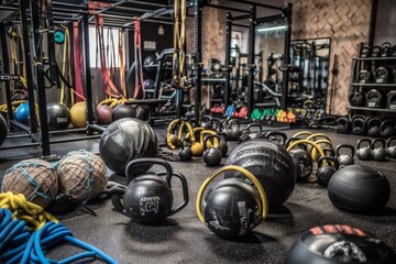 CrossFit Equipment on floor in Gym.