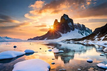 Epic panoramic landscape of sunset in the mountains with river and ice