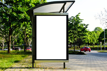 bus shelter blank with ad panel. billboard display. empty white lightbox sign at bus stop. glass...