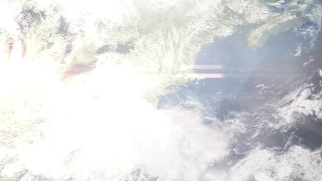 Earth zoom in from outer space to city. Zooming on New Rochelle, New York, USA. The animation continues by zoom out through clouds and atmosphere into space. Images from NASA
