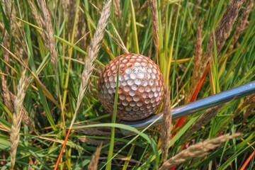 Golf club and ball in grass