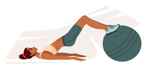 African american black sporty woman in sportswear does exercises. A woman is engaged in sports and fitness. Sports training. Cartoon vector illustration.
