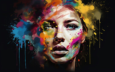 Portrait of a woman with a painted colorful face. Generative AI technology.