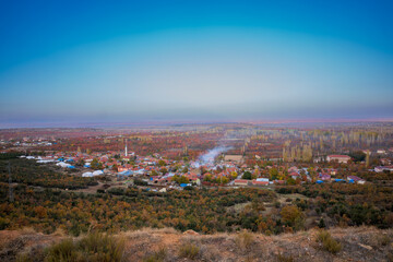 View of the beautiful town from afar and from above in autumn
