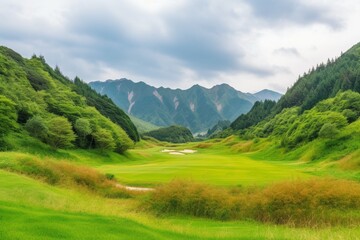 Panorama View of Golf Course with putting green in Hokkaido, Japan. Golf course with a rich green turf beautiful scenery.