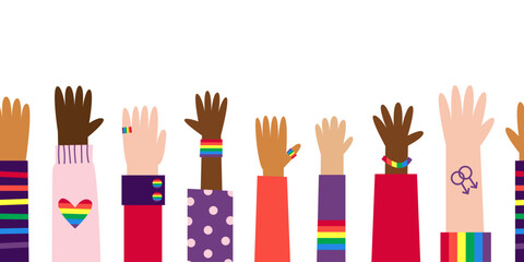 Happy pride seamless border. Diverse white and bipoc raised hands with gay lgbt symbols. Rainbow flag decoration. Vector flat illustration.