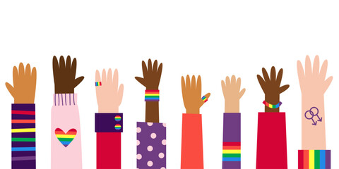 Happy pride banner. Diverse white and bipoc raised hands with gay lgbt symbols. Rainbow flag decoration. Vector flat illustration.